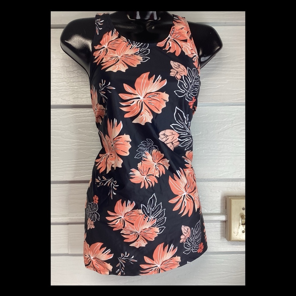 Orange and black two piece swimsuit.